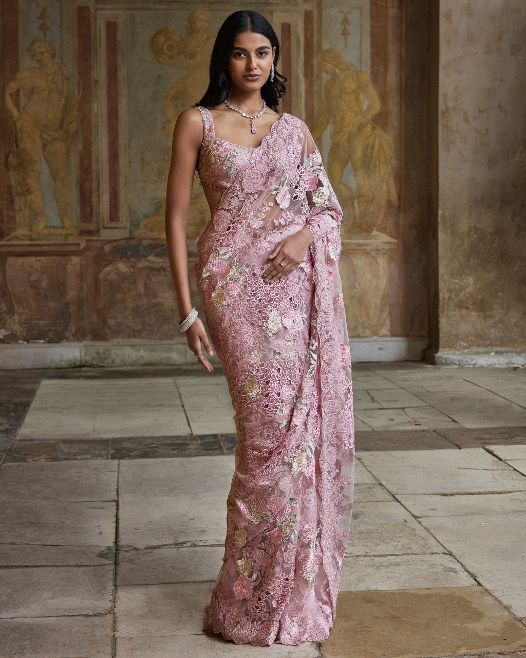 Dusty Pink Thread Work Sari Set By KYNAH, Luxury Indian Fashion & Bridal Wear