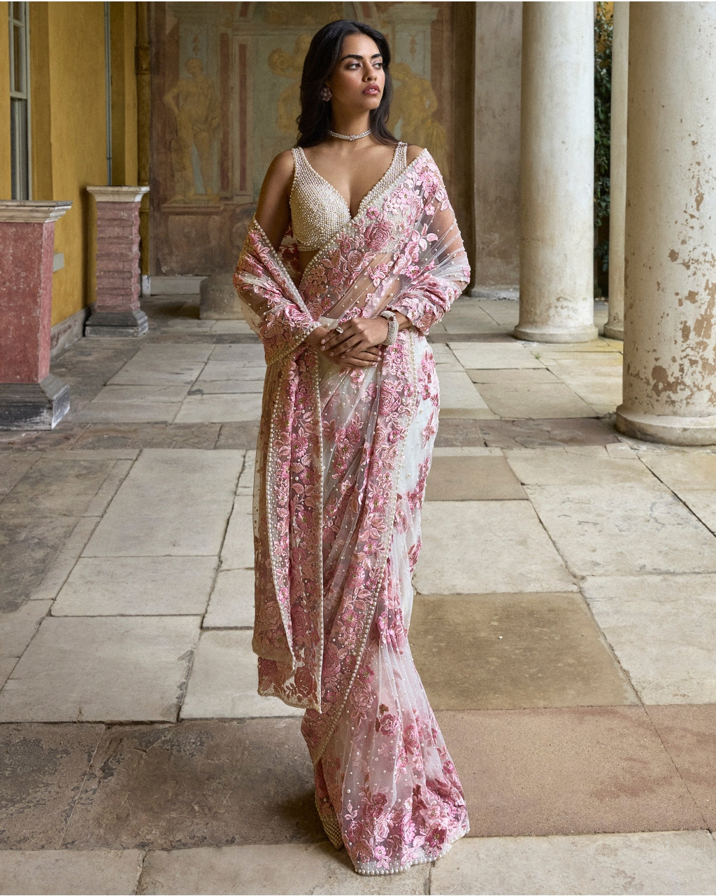 Pastel Pink Thread Work Sari Set By KYNAH, Luxury Indian Fashion & Bridal Wear