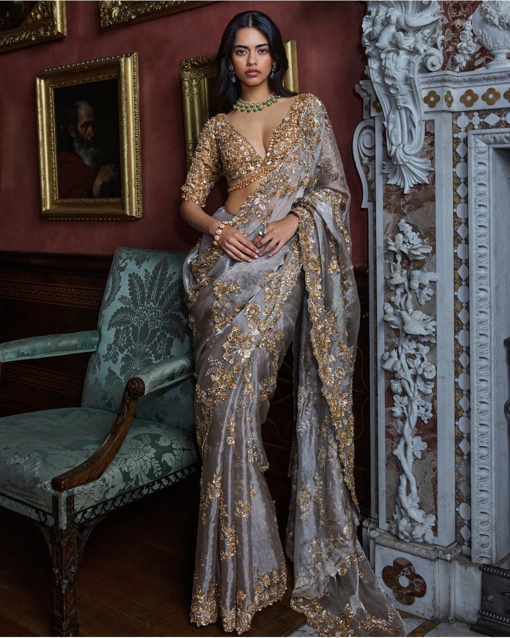 Gun Metal Sequin Sari Set By KYNAH, Luxury Indian Fashion & Bridal Wear