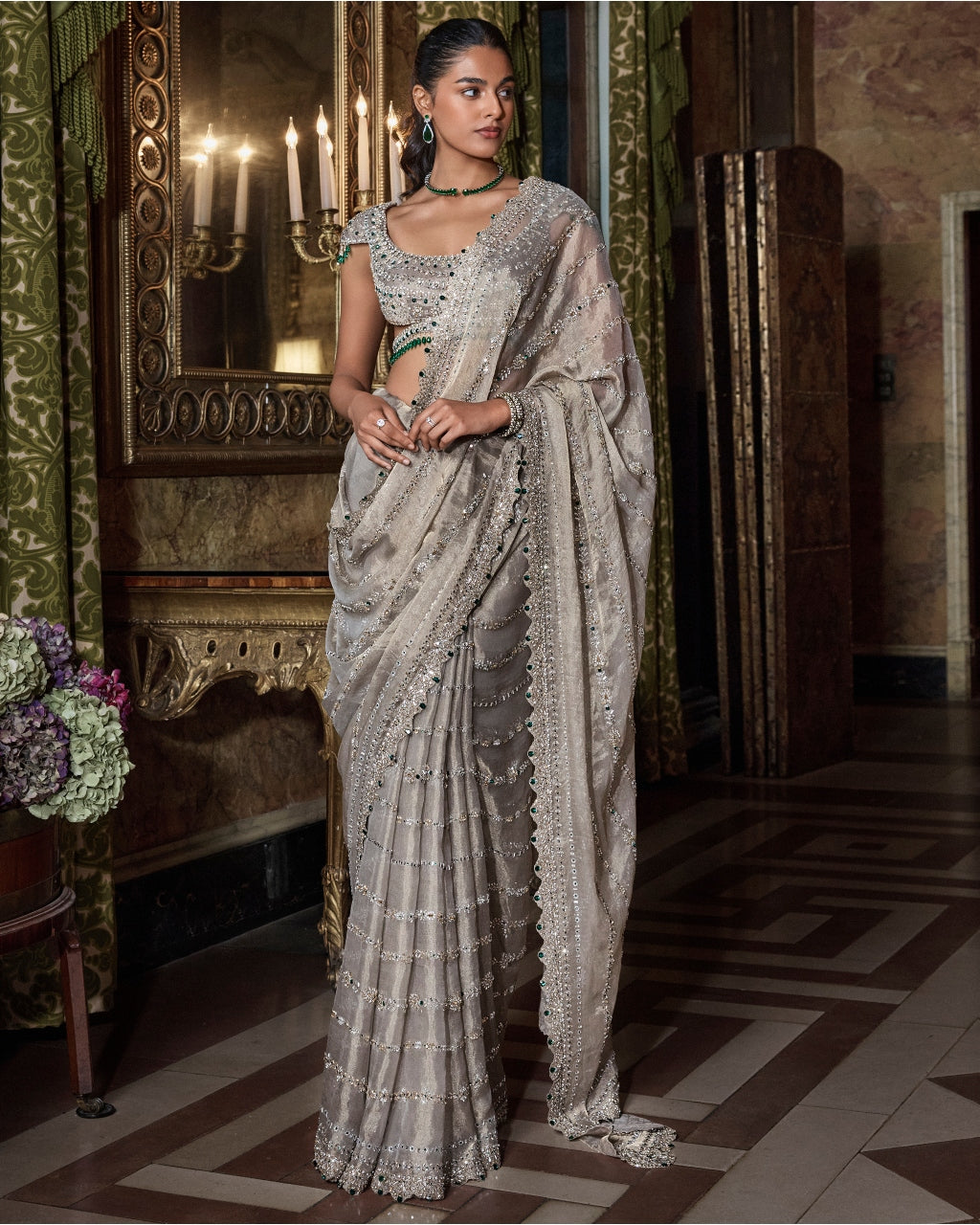 Champagne Emerald Crystal Sari Set By KYNAH, Luxury Indian Fashion & Bridal Wear