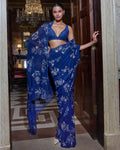 Navy Blue Floral Crystal Sari Set By KYNAH, Luxury Indian Fashion & Bridal Wear