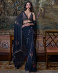 Black Crystal Georgette Sari Set By KYNAH, Luxury Indian Fashion & Bridal Wear