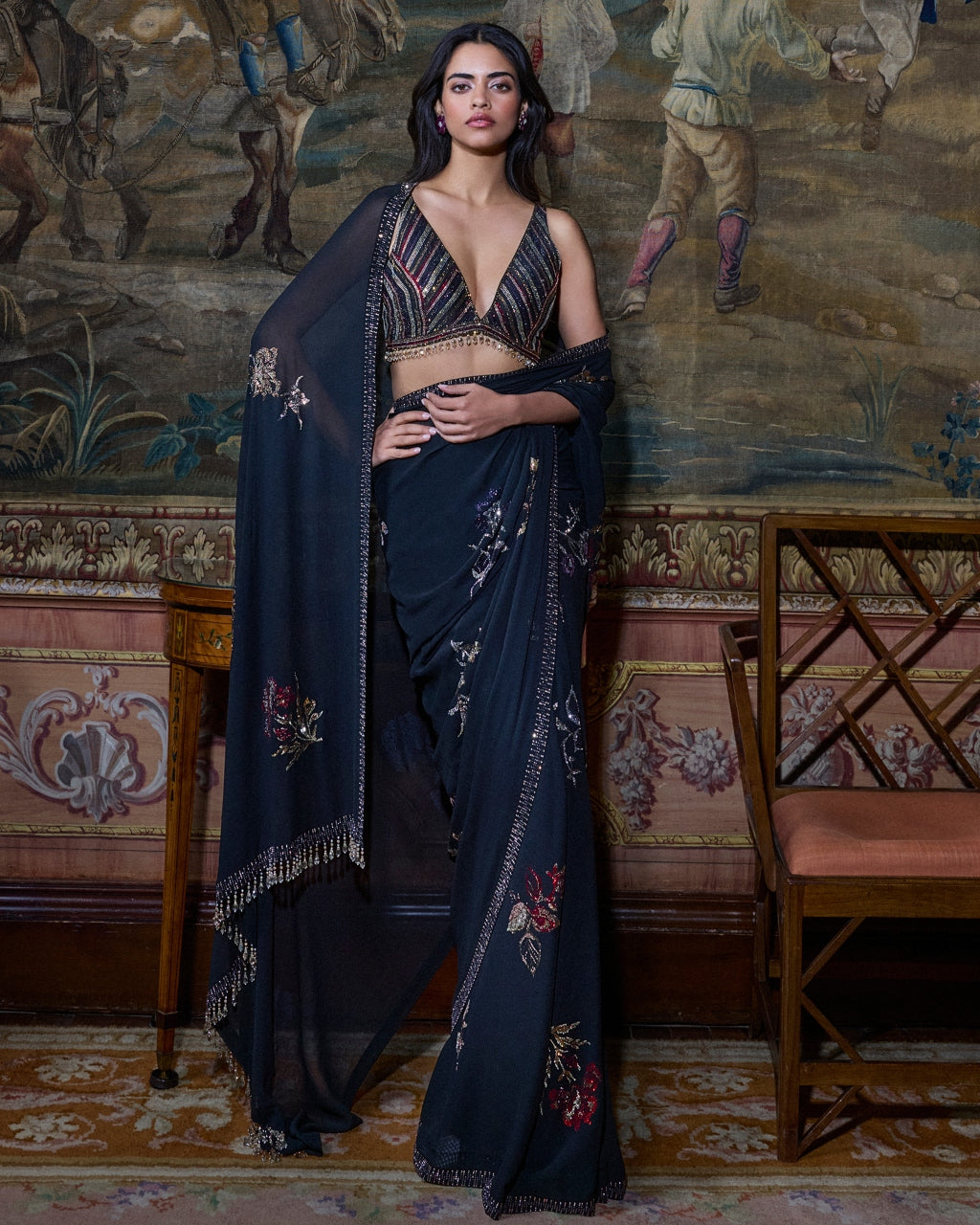 Black Crystal Georgette Sari Set By KYNAH, Luxury Indian Fashion & Bridal Wear