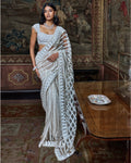 Slate Ivory Stripe Sari Set By KYNAH, Luxury Indian Fashion & Bridal Wear