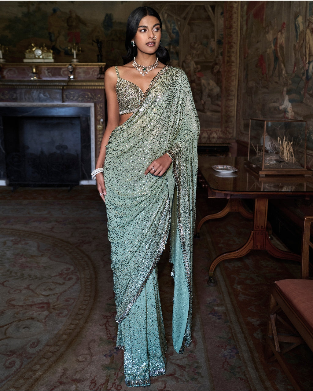 Moss Green Sequin Sari Set By KYNAH, Luxury Indian Fashion & Bridal Wear
