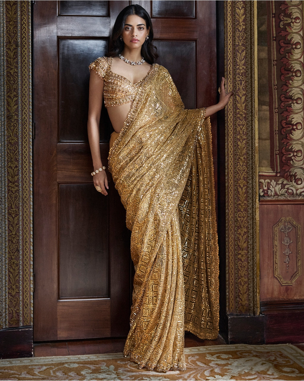 Antique Gold Crsytal Sari Set By KYNAH, Luxury Indian Fashion & Bridal Wear