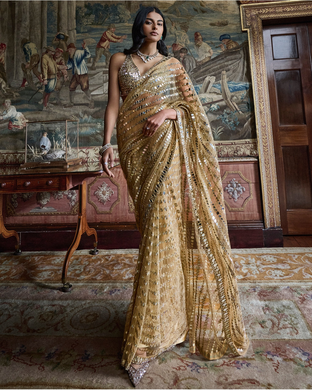 Gold Mirror Work Sari Set By KYNAH, Luxury Indian Fashion & Bridal Wear