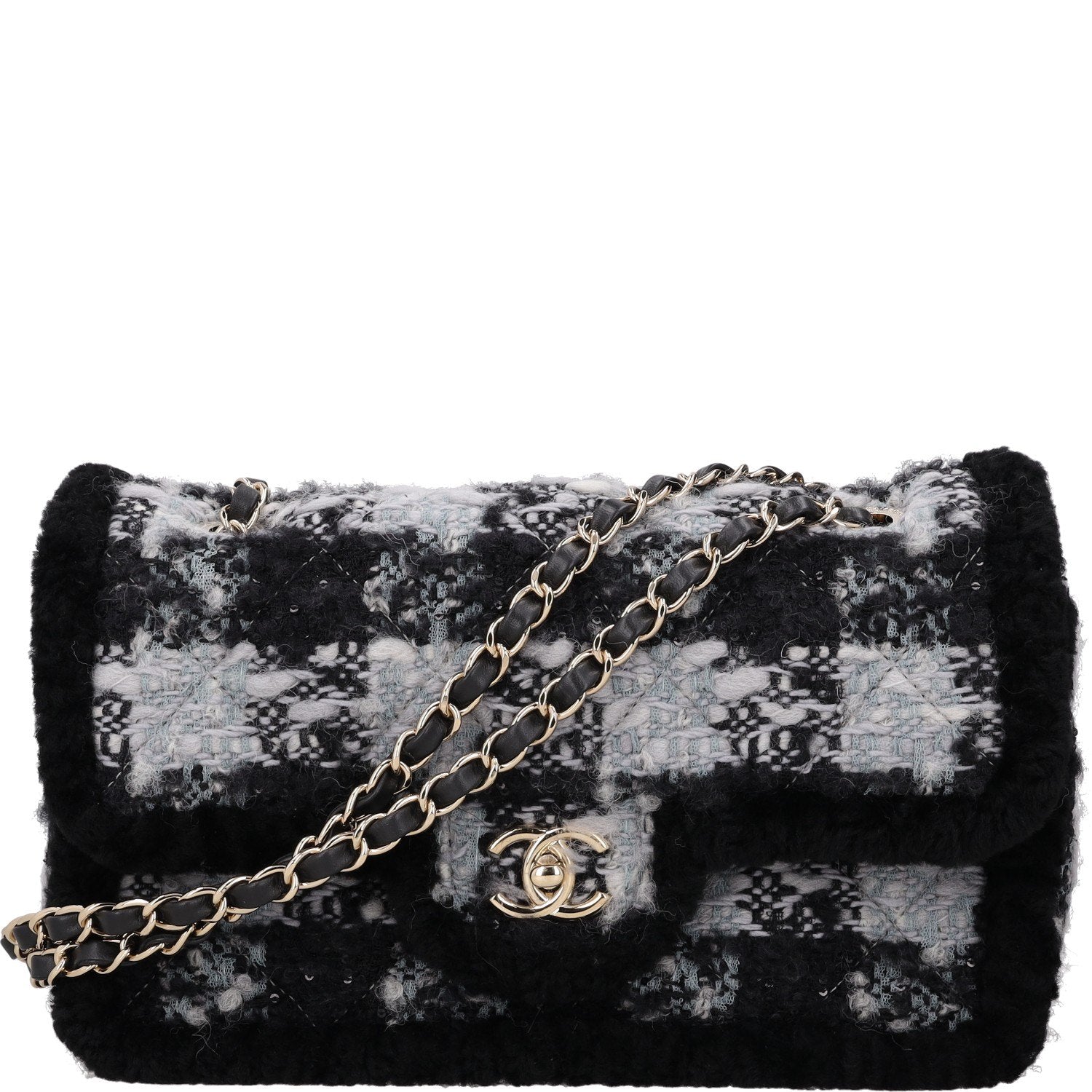 Chanel Tweed and Shearling Flap Bag — Black, White and Gray