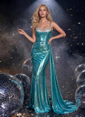 Trumpet/Mermaid Sweetheart Sleeveless Sweep Train Metallic Lame Prom Dresses With Beading/Sweeping Side Drape