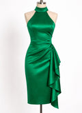 Sheath/Column Halter Sleeveless Knee-Length Satin Evening Dresses With Ruffle