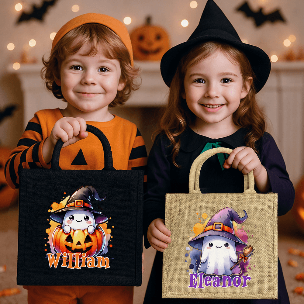 Personalizado lindo fantasma y la calabaza de gran capacidad bolsa de asas con el nombre de Halloween Fiesta de Regalo para Niños Niñas