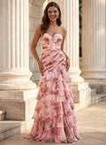 Trumpet/Mermaid Sweetheart Sweep Train 30D Chiffon Prom Dreses With Floral-Print/Cascading Ruffles/High Split/Tiered