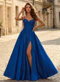 A-Line Sweetheart Sleeveless Floor-Length Satin Prom Dresses With High Split