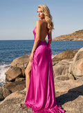 Trumpet/Mermaid Halter Sleeveless Sweep Train Charmeuse Prom Dresses With Bow(s)