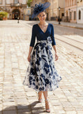 A-Line V-Neck 3/4 Sleeves Tea-Length Stretch Chiffon Cocktail Dresses With Floral-Print