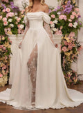 A-Line Off-The-Shoulder Long Sleeves Court Train Lace Wedding Dresses With Split Front