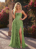A-Line Strapless Sleeveless Floor-Length Chiffon Prom Dresses With High Split