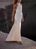 A-Line Halter Sleeveless Sweep Train Silk Like Satin Bride Wedding Dress