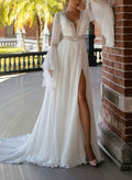 A-Line Plunge Neck Long Sleeves Chapel Train Chiffon/Lace With Pockets/High Split Bride Wedding Dress