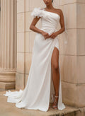 A-Line One-Shoulder Sleeveless Chapel Train Elastic Satin With High Split Bride Wedding Dress
