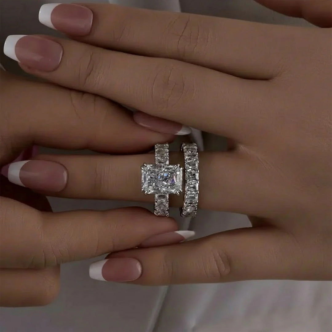 Micro Pave Radiant Cut 925 Sterling Silver Engagement Ring Set