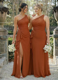 A-Line One-Shoulder Sleeveless Floor-Length Chiffon Cap Straps Bridesmaid Dress With High Split