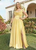 A-Line Cowl Neck Sweep Train Sleeveless Satin Bridesmaid Dress With Split Front
