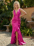 Trumpet/Mermaid Plunge Neck Sleeveless Sweep Train Charmeuse Prom Dresses With Ruffle/High Split
