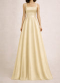A-Line Square Neckline Sleeveless Floor-Length Satin Evening Dresses
