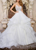 Ball-Gown V-Neck Sleeveless Chapel Train Satin/Organza With Appliques Bride Wedding Dress