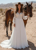 Elegant A-Line V-Neck Long Sleeves Sweep Train Lace/Chiffon Wedding Dresses