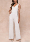 Jumpsuit/Pantsuit V-Neck Sleeveless Floor-Length Sequined With Bow(s) Bride Wedding Dress