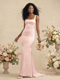 Mermaid Square Neckline Sleeveless Sweep Train Silk Like Satin Bridesmaid Dresses