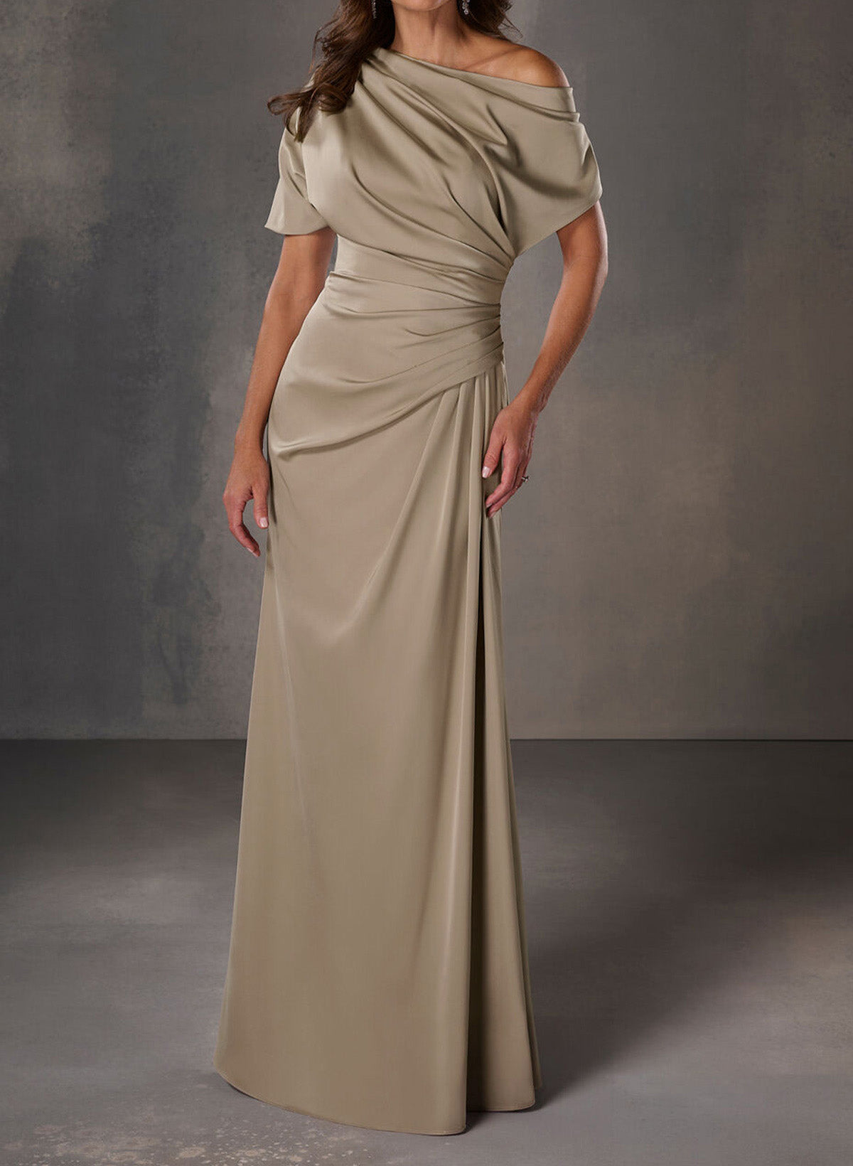A-Line One-Shoulder Short Sleeves Floor-Length Crepe Satin Evening Dresses