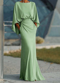 Sheath/Column Scoop Neck 3/4 Sleeves Floor-Length Crepe Satin Evening Dresses