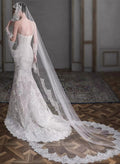 Lace Applique Edge Floral One-Tier Tulle Chapel Bridal Veils