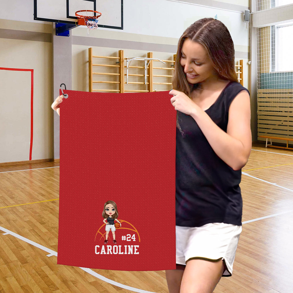 Toalla de deporte personalizada con nombre y gancho en forma de pelota de dibujos animados Accesorio deportivo superabsorbente Regalo de cumpleaños para un jugador amante de los deportes