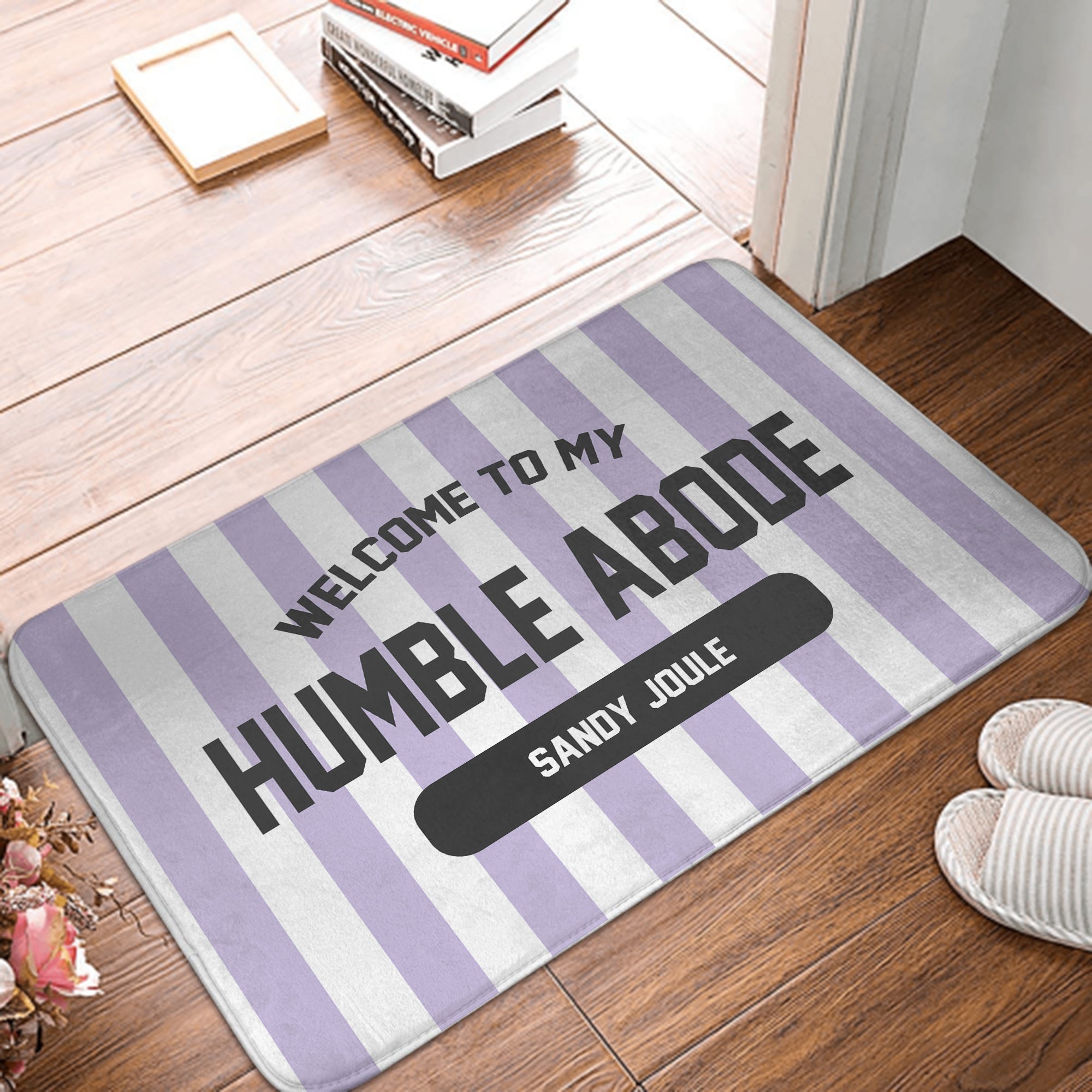 Alfombrilla de puerta antideslizante de rayas de sol multicolor personalizada con texto Decoración del hogar Inauguración de la casa Regalo de cumpleaños para amigos de la familia