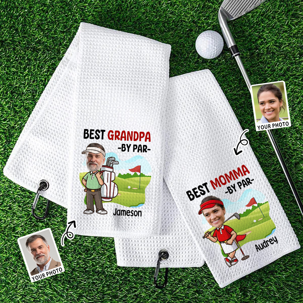 Personalizada Divertida Caricatura Golfista Cara Foto Absorbente Waffle Toalla Deportiva con Nombre Título Clip para Colgar Entrenamiento Regalo de Cumpleaños para Amante del Golf