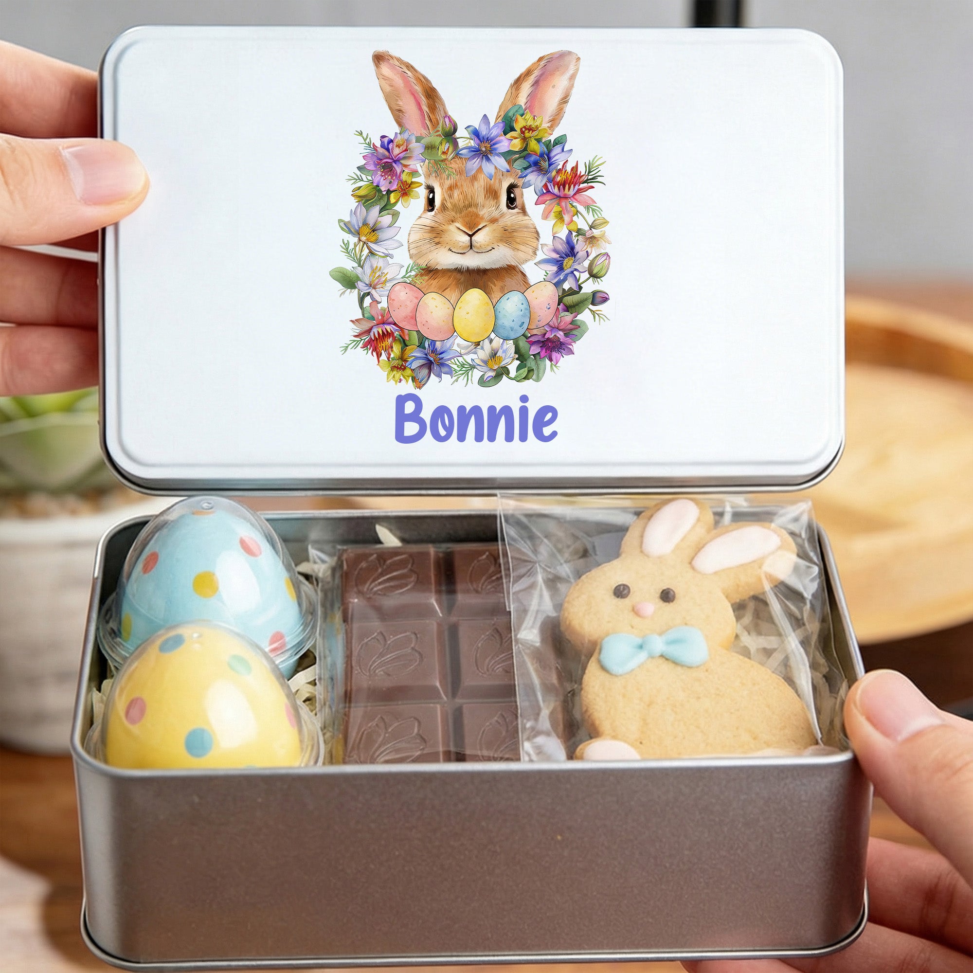 Conejito de Pascua Personalizado Flor de Nacimiento Corona de Pascua Biscuit Caja de Lata con Nombre Pascua Fiesta Regalo para Niños