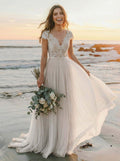 A-Line V-Neck Sleeveless Sweep Train Tulle Bridesmaid Dresses With Lace