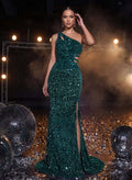 Exquisite One-Shoulder Outcut Velvet Sequin Prom Dresses With High Split