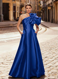 A-Line One-Shoulder Sleeveless Floor-Length Satin Mother Of The Bride Dresses With Bow(s)/Pockets