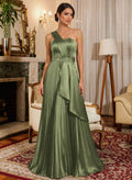 A-Line One-Shoulder Sleeveless Floor-Length Satin Mother Of The Bride Dresses With Ruffle