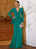 Sheath Column Plunge Neck Long Sleeves Floor-Length Elastic Satin Mother Of The Bride Dresses With Cascading Ruffles