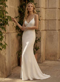 Simple Boho Backless V-Neck Wedding Dresses With Elastic Satin