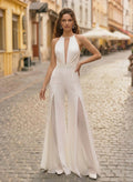 Jumpsuit/Pantsuit Halter Sleeveless Floor-Length Chiffon/Elastic Satin Wedding Dresses With Lace