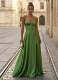 Spaghetti Straps Satin A-Line Slit Evening Dresses