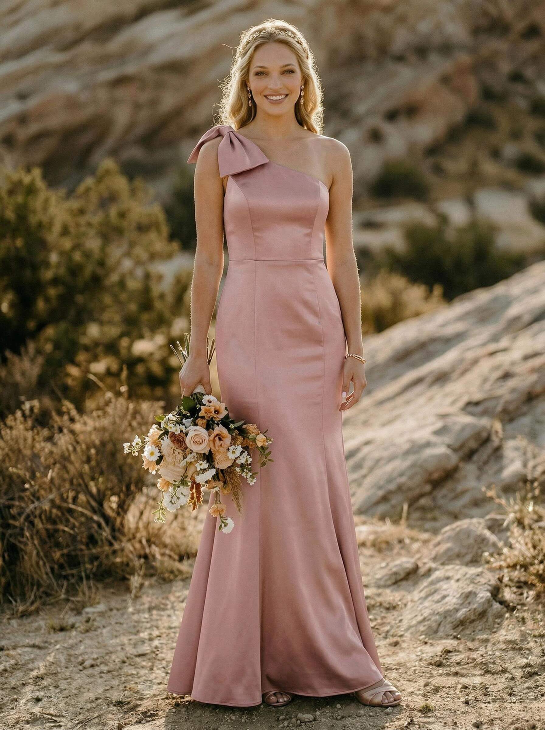 Trumpet/Mermaid One-Shoulder Satin Bridesmaid Dresses With Bow(s)