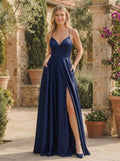 A-Line V-Neck Sleeveless Satin Bridesmaid Dresses With Split Front/Pockets